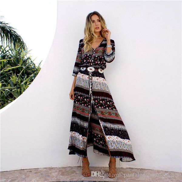

womens designer print dress spring summer fashion bohemian stitching high split famale clothing waist dress, Black;gray