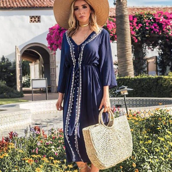 

cover-ups cotton embroidery beach dress boho deep v neck hollow out long plus size tunic summer beachwear pareos robe de