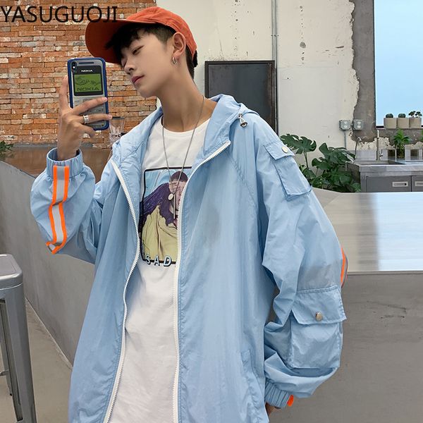 

yasuguoji new spring summer bomber jacket men casual solid windbreaker zipper thin hooded coat outwear waterproof male jacket, Black;brown