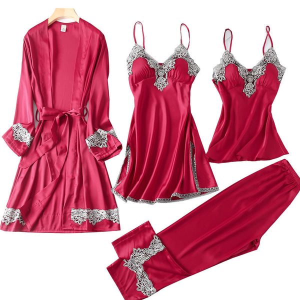 

new 4 pieces suit women pajamas sets faux silk pajamas sleepwear sets elegant lace underwear spring autumn homewear, Black;red