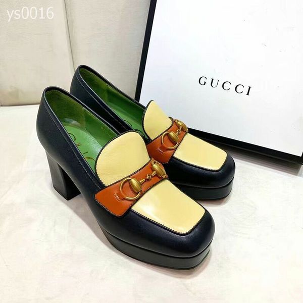 

europe 2019 genuine leather platform high-heeled platform women's shoes leisure buckle color matching single shoes one foot small shoes, Black