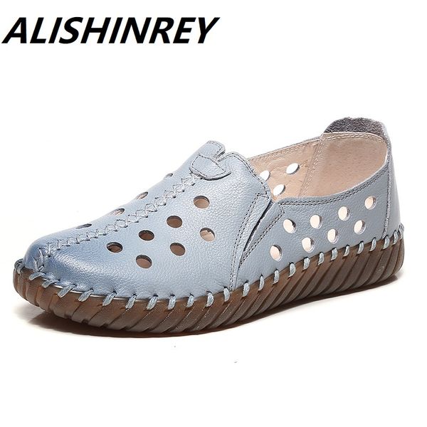 

alishinrey women's flats 2019 summer genuine leather handmade shoes women shoes genuine leather flat woman footwear, Black