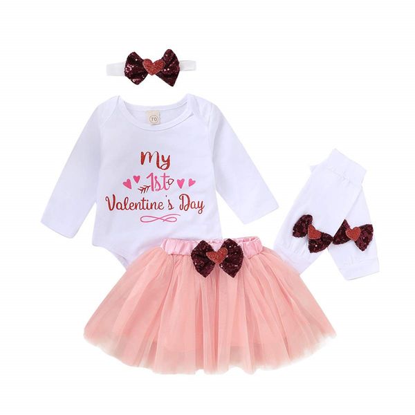 

0-18 months newborn 4pcs set baby girls outfits valentine's day romper + skirt baby girls clothes cotton bodysuit set, White