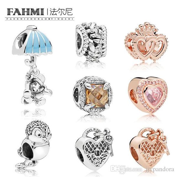 

fahmi 100% 925 sterling silver parachute chestnut bird charm love you lock rose interlocking crown heart charm heart beads ing, Black
