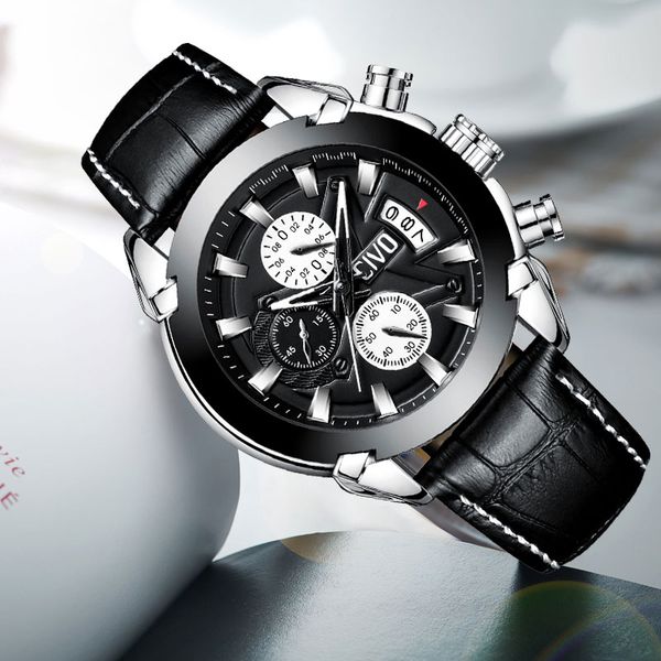 

civo watches men quartz chronograph watch men fashion sports wrist watch luxury leather clock man relogios masculino, Slivery;brown