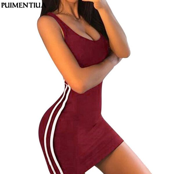 

puimentiua slim bodycon women dress sleeveless striped vest tanks female party club dress vestidos plus size, Black;gray