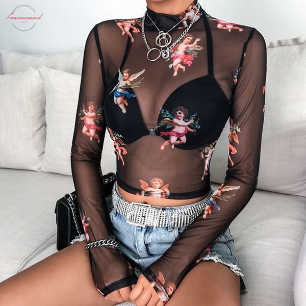 

sexy women t shirt see through прозрачный sheer сетки с длинным рукавом тонкий женская водолазка t shirt angel печатное женщины футболку, White