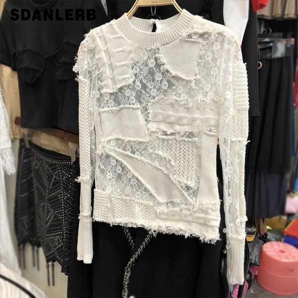 

2019 autumn new korean fashion trend knit patch lace shirt women slim all-match basic shirts blusas ladies sweater black, White;black