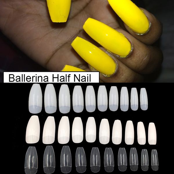 

500 pcs fake nail tips transparent natural white ballerina acrylic nail art false coffin false nails artificial diy tips, Red;gold