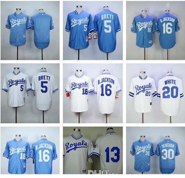 

мужчины 5# бретт 13# перес 16# б. дж 20#белый 25# моралес 30# вентура белый синий горячий ретро бейсбол новости майки, Blue;black