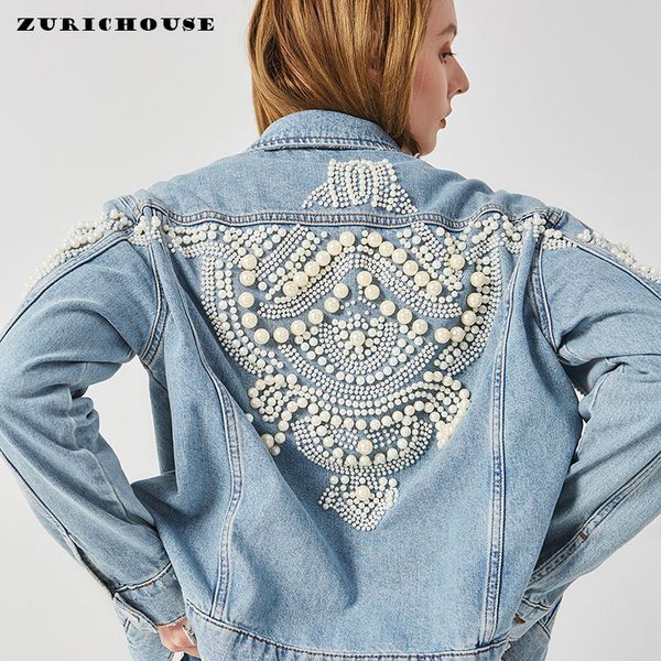 

zurichouse street wear pearl denim women jackets loose leisure long sleeve short beading embroidery jeans jackets coat ladies, Black;brown
