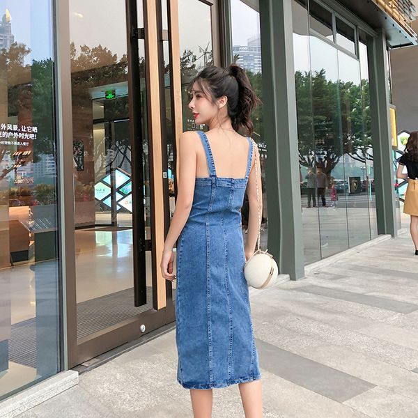 

new 2019 summer women denim dress sundress overall dress vintage blue casual bodycon pocket split jeans, Black;gray