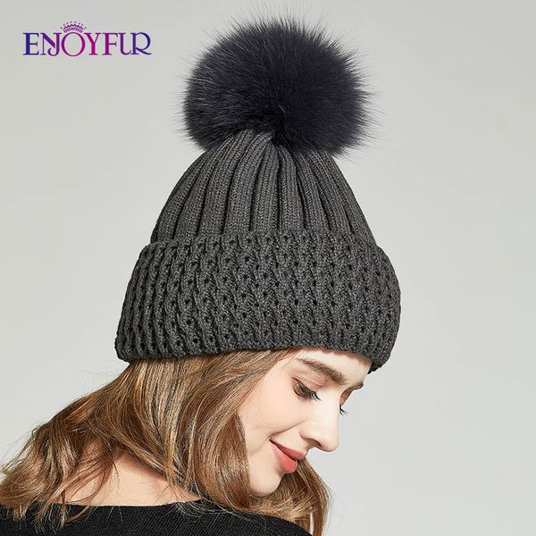 

enjoyfur autumn winter hats for women real /raccoon fur pompom caps fashion female beanies, Blue;gray