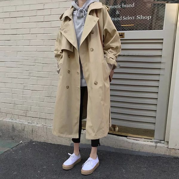 

2019 spring windbreaker jacket women s retro slim khaki long-sleeved blouse autumn tie with casual fashion long coat female p20, Tan;black