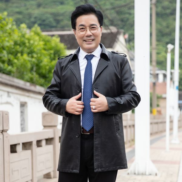 

add a man's leather jacket, a man's sheepskin coat, autumn leather jacket, Black
