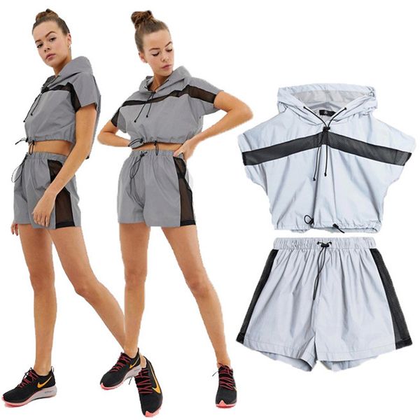 

reflective summer womens designer tracksuits patchwork hooded tshirts with shorts short sleeve with summer womens short pants sets, Gray