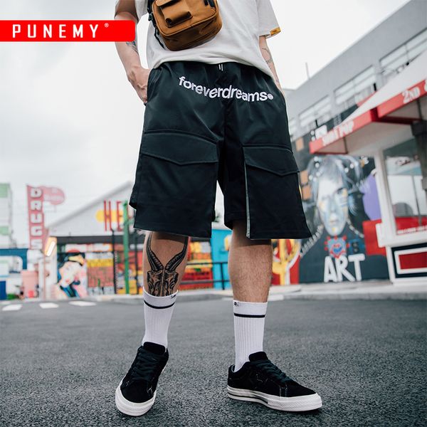 

embroidery multi-pockets cargo shorts man's drawstring hip hop casual cloth skateboard beach short pants summer male shorts, White;black