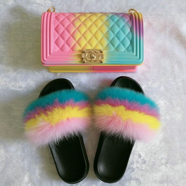 

summer fur women's sandals slippers jelly bag shoes fashion ladies 2020 fur sandal slippers cute fluffy slides women sets, Black