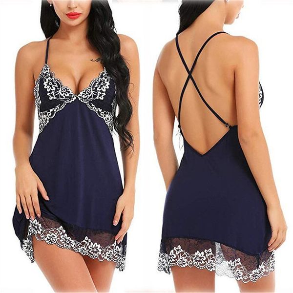 

women floral lace satin sleepwear dress nightgown lingerie open back v-neck lace nightdress lingerie sling nightwear, Black;red