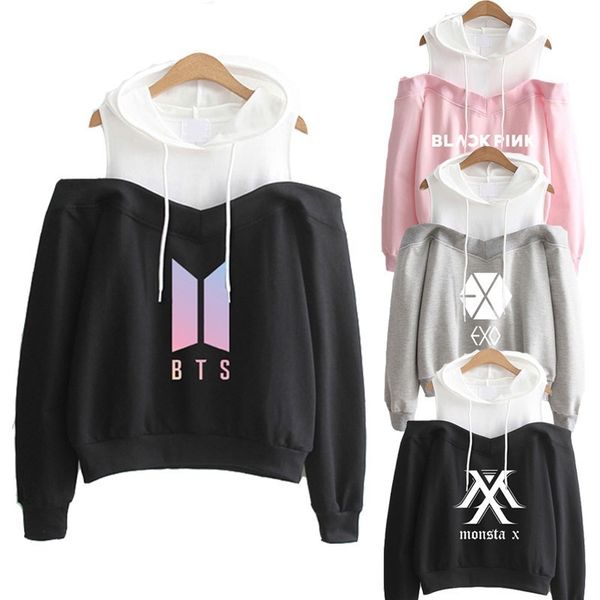 

bts exo blackpink new hoodie autumn winter seventeen twice strapless shoulder monsta x got7 wanna one sweatshirt clothing female, Black