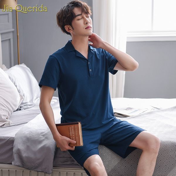 

2019 летняя мода пижамы мужчины 100% хлопок пижама мужчин набор короткие рукава нагрудные solid navy пижамы summer sleep suit, Black;brown