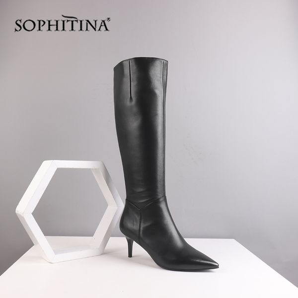 

sophitina thin heel boots genuine leather pointed toe fashion zipper shoes handmade women's new boots c512, Black