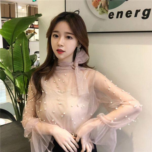 

2019 new fashion long flare sleeves beading mesh fashion pearl mesh bow tie covers top, White