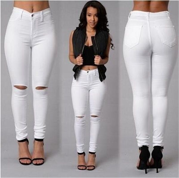 

spring womens solid hole jeans ripped pure color fashion female trousers distrressed slim casual ladies pencil pants, Blue