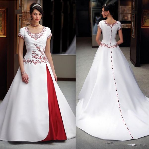 Klasik Tasarım Beyaz ve Kırmızı Gelinlik Kısa Kol Kepçesi Boyun Boncuklu Embriodery A Hat Saten Gelin Gowns Özel Made