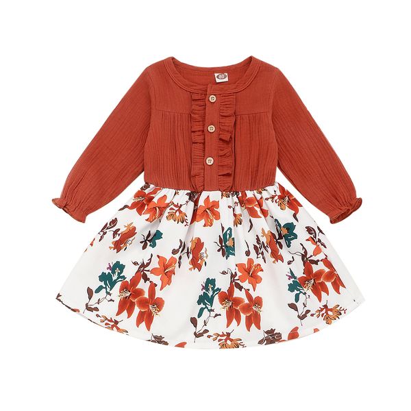 

toddler baby kids girls dresses ruffle bowknot button cotton linen flavor print skirt fall clothes, Red;yellow