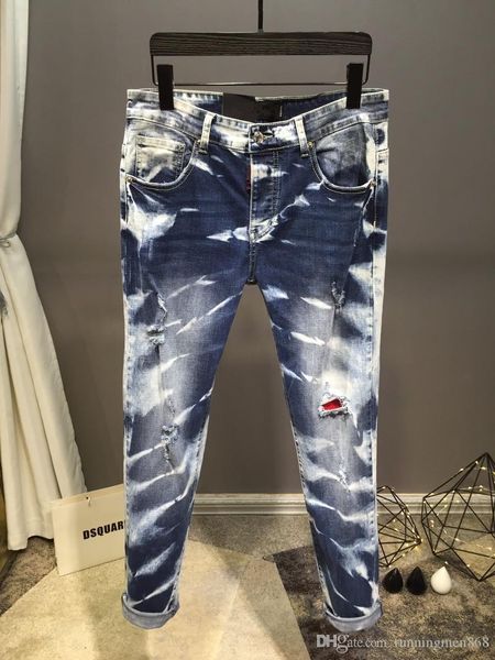

19" новый стиль известный бренд мужская мытый дизайн повседневная plaidslim 171summer облегченно denim натяжные денима джинсы узкие высокое, Blue