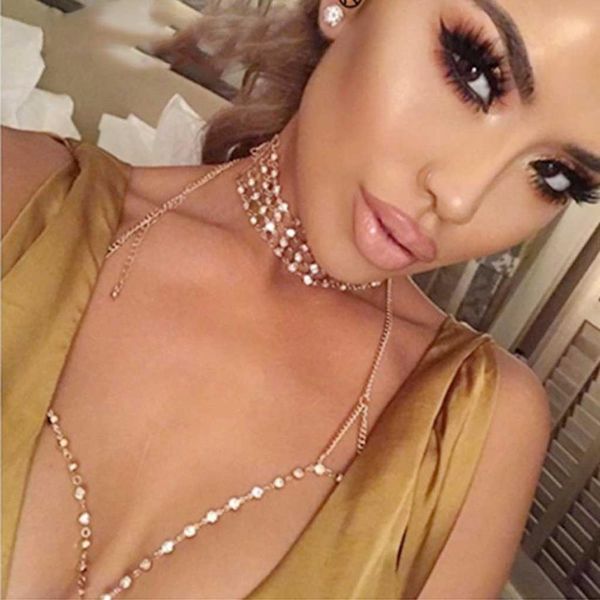 

boho mesh piercing hollow body chain crystal bikini bra harness v statement necklace women waist belly body jewelry, Slivery;golden