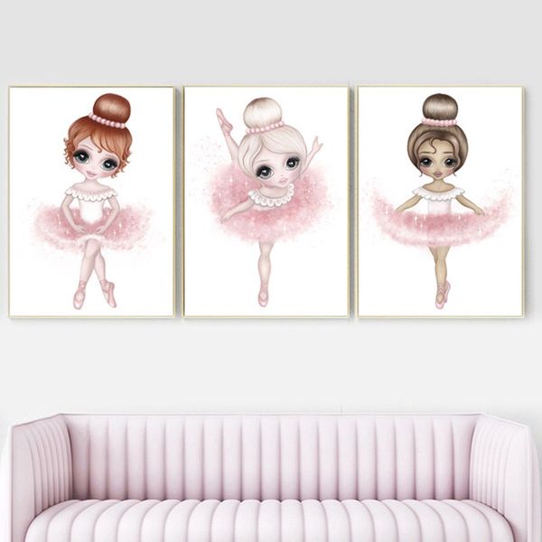 

ballet dance girl baby nursery wall art canvas poster and prints pink cartoon painting nordic kids decoration picture room decor