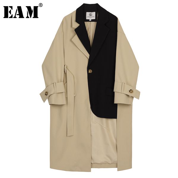 

eam] 2019 new autumn winter lapel long sleeve hit color split joint loose long big size windbreaker women trench fashion jx441, Tan;black