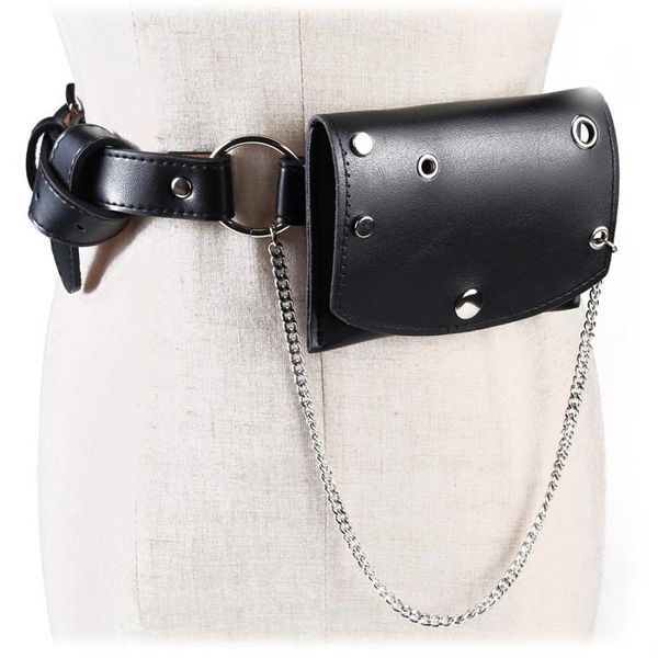 

leather women's waist bags new fashion street chain rivets solid color wild small fanny pack female mini casual phone belt bags