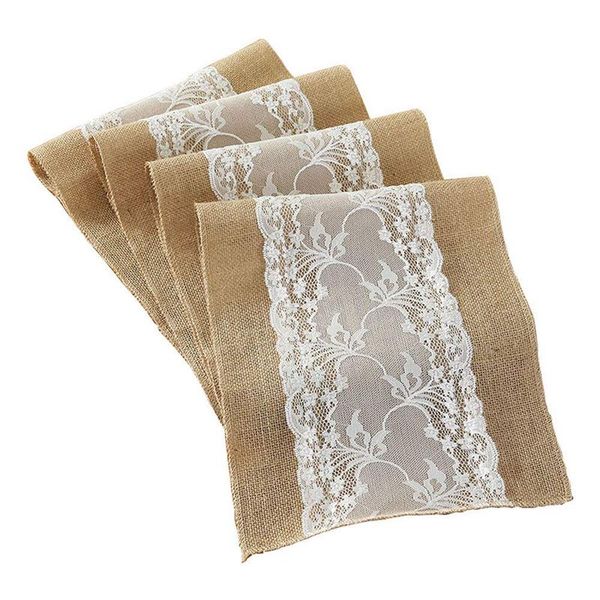 

vintage table runner natural hessian burlap with white lace for rustic festival wedding party baptism decoration 30cm x 275cm
