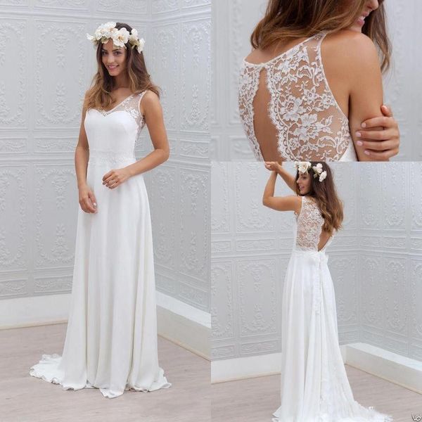 

2019 Simple Bohemian Wedding Dresses A Line White Ivory Lace Appliqued Bridal Gowns Chiffon Boho Wedding Dress