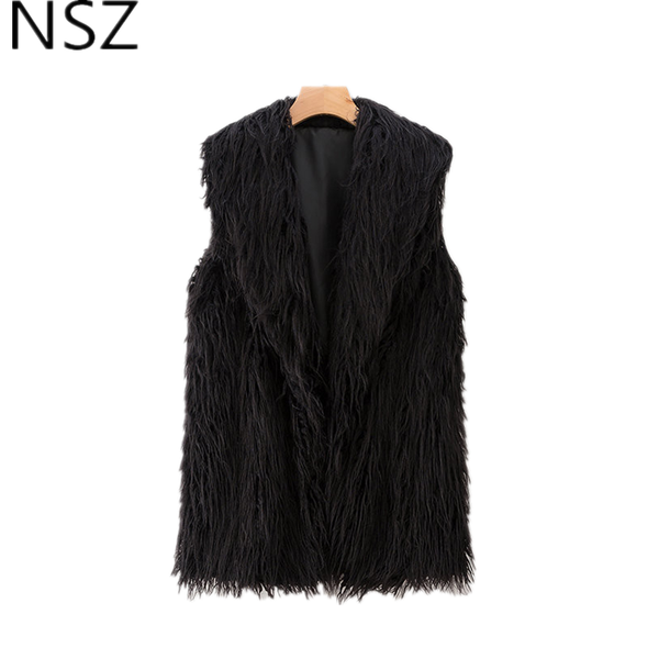 

nsz women black faux fur sleeveless coat jacket tassel fake leather vests autumn winter waistcoat, Black;white