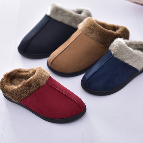 

home slippers men keep warm velvet fur indoor shoes for male winter non slip solid comfortable plush men slippers sturdy sole, Black