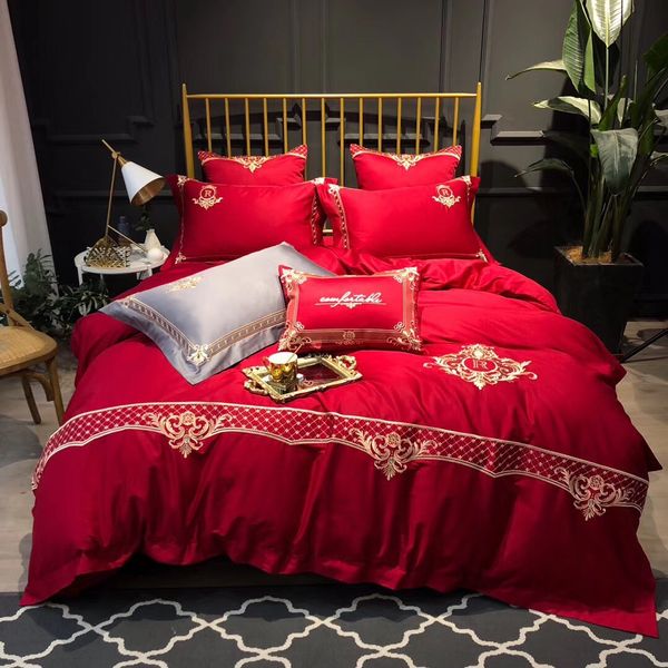 

american minimalist 60 egyptian cotton 4-piece bedding set light luxury gold embroidered red wedding cotton beddings