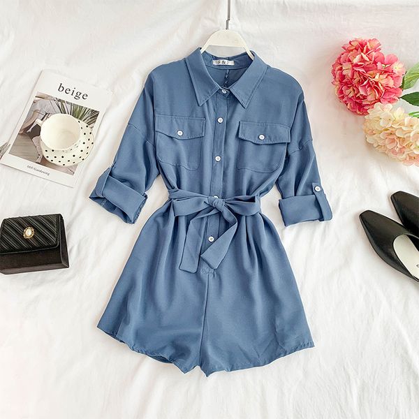 

solid buttons pockets women clothing loose high waist playsuits 2020 spring autumn new chic chiffon short bodysuits 42931, Black;white