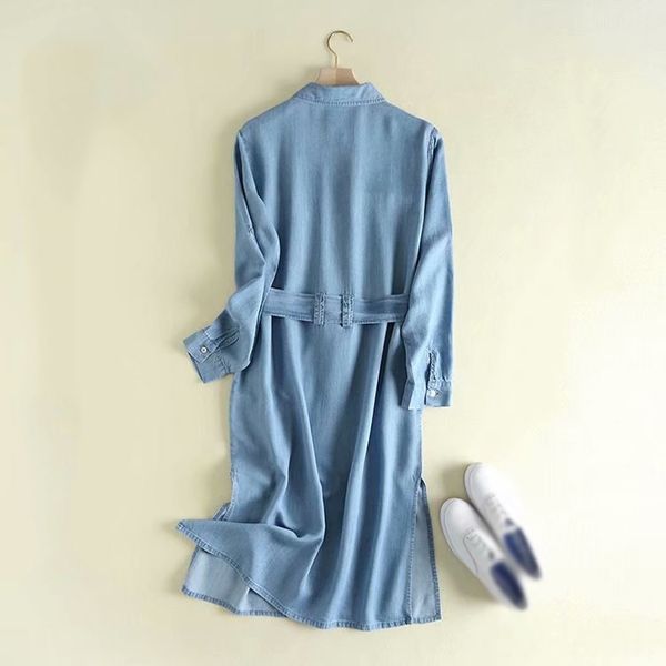 

autumn casual denim trench coat pockets women belt pocket long sleeve light blue denim long coat overcoat, Tan;black