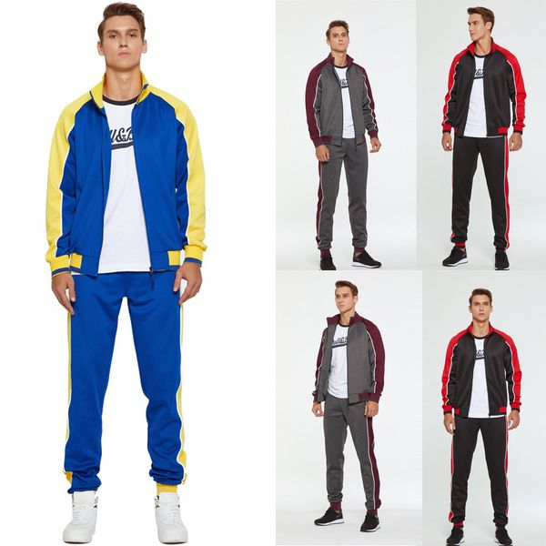 

sweatshirt men tracksuit men set sweat new 2019 brand autumn winter fleece 2pcs stand collar fleece patchwork casual, Black;blue