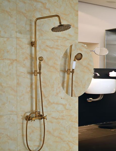 

wholesale and retail promotion luxury wall mounted antique brass 8" round rain shower faucet set dual handles w hand shower