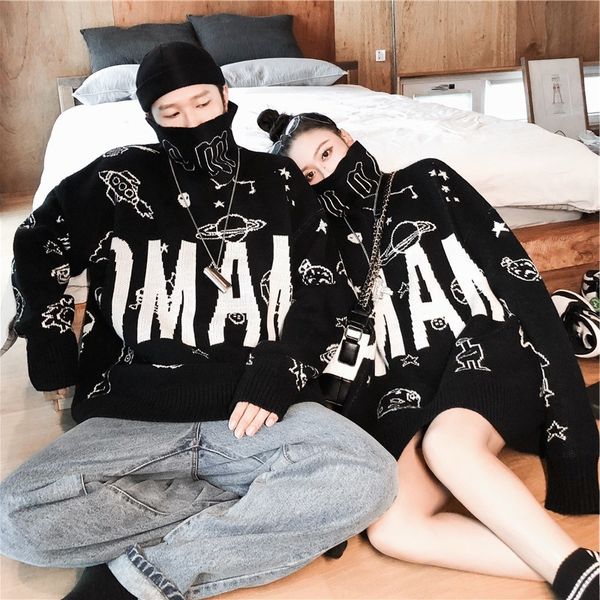 

2019 autumn and winter new style loose turtleneck alien printed sweater fashion casual loose couple pullover black -xl, White;black