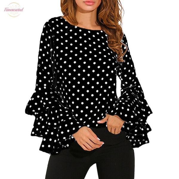 

new fashion womens bell sleeve loose polka dot shirt ladies casual blouse loose ladies clothes pullover streetwear, White