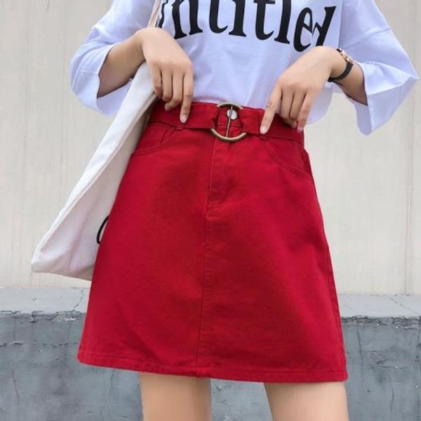 

candy color summer women jeans skirt a-line belt harajuku denim jupe mujer college wind high waist black red khaki skirts dv973