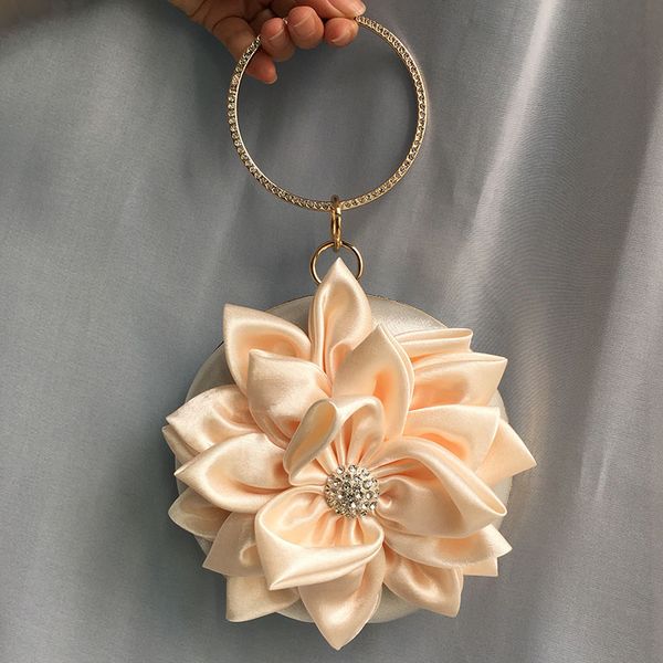 

women satin pure color evening bags crystal diamond wedding handbags beige flower round clutch bag for lady ftb205