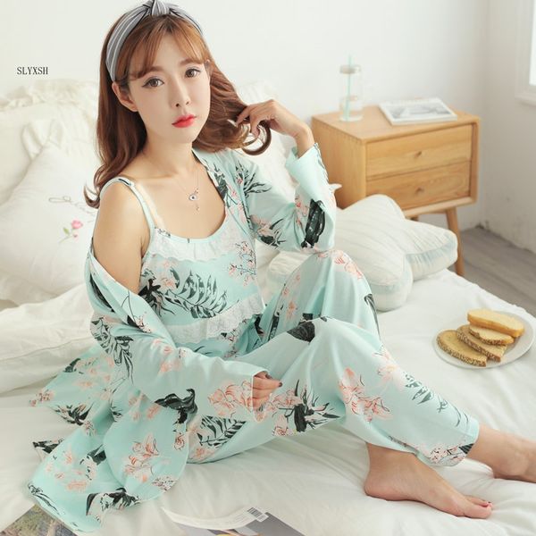 

3 pcs set cartoon print cotton maternity nursing nightwear breastfeeding pajamas for pregnant women pregnancy sleepwear, White