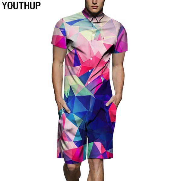 

youthup 2019 3d printed jumpsuit men's slim fit shirts geometric print casual summer men shirt cool fashion blouses, White;black